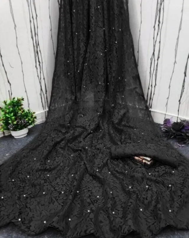 Net Solid Saree for Women (Black, 6.3 m)