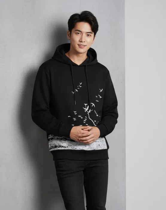 Fleece Printed Hoodie for Men, Black (XL)