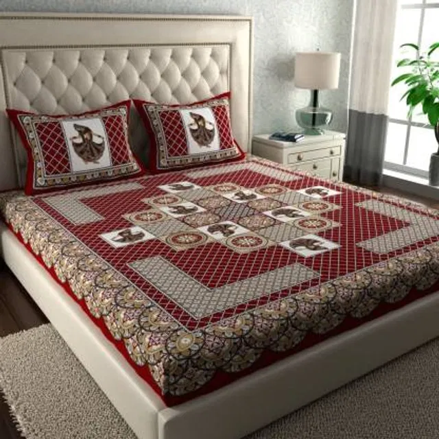 Jaipuri Cotton Double Bedsheet with 2 Pillow Covers | 80x90 Inch | cultural motifs | Traditional Rajasthani Print