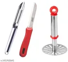 Stainless Steel Peeler with Vegetable Masher & Kitchen Knife (Red & Silver, Set of 3)