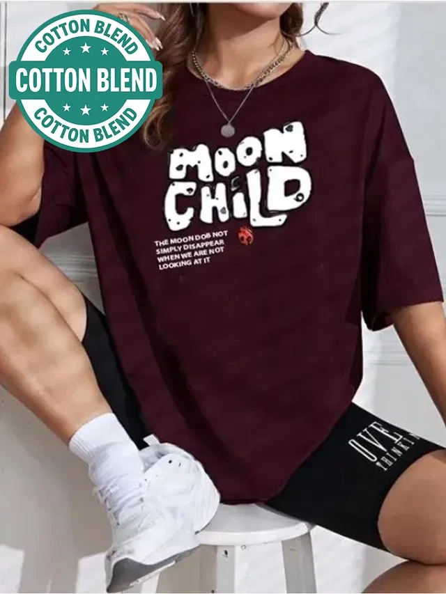 Round Neck Printed T-Shirt for Women (Wine, L)