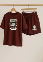 Cotton Blend Printed Top & Bottom Set for Women, Maroon 
