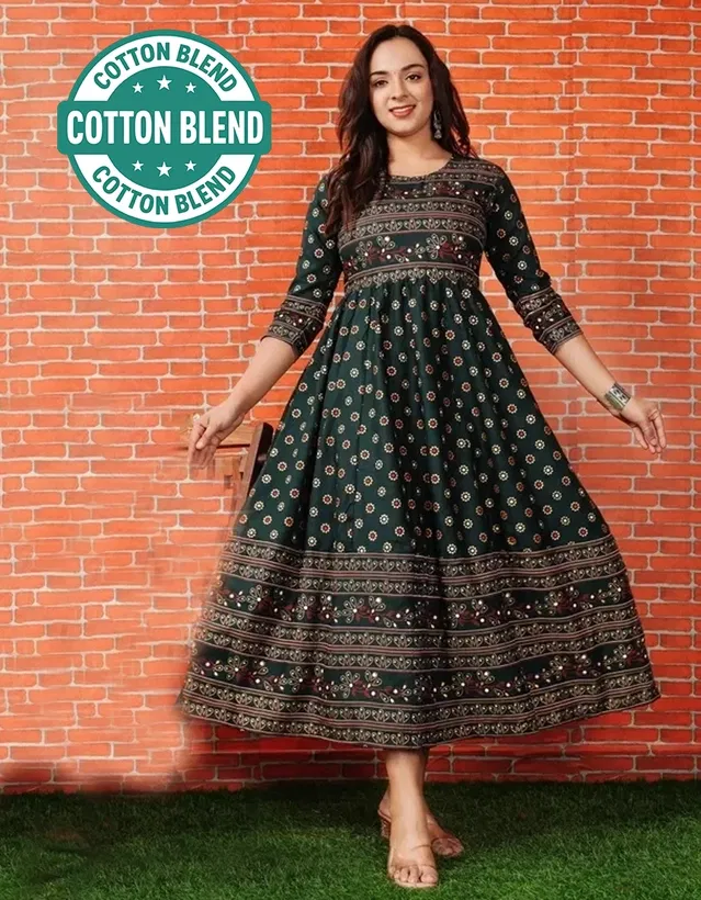 Cotton Printed Anarkali Kurti for Women (Green, XL)