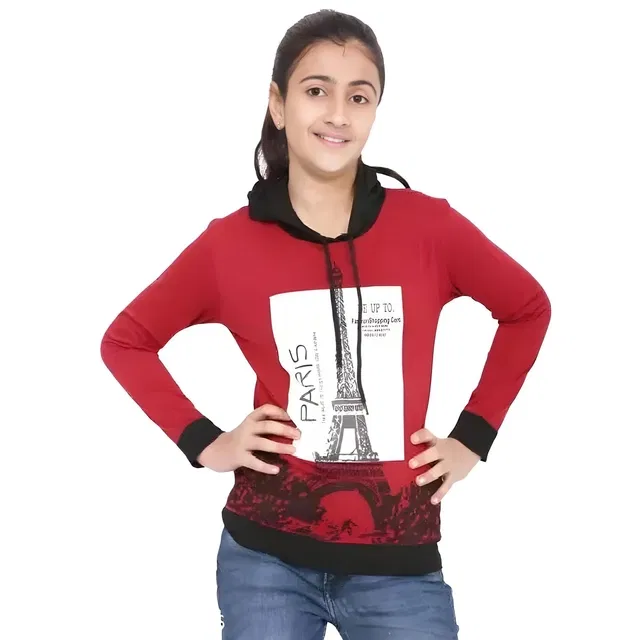Cotton Blend Printed Hoodie for Girls (Maroon, 4-5 Years)