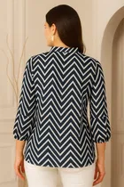 Women's Geometric Print Regular Sleeve Mandarin Collar Top, M 