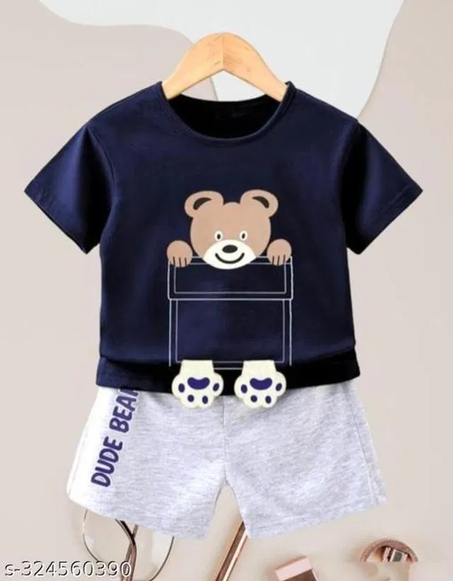 Hosiery Cotton Clothing Set for Kids (Navy Blue & Grey, 2-3 Years)