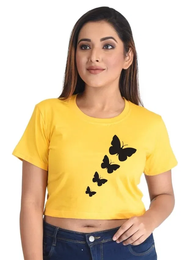 Round Neck Printed Crop Top for Women (Yellow, XL)