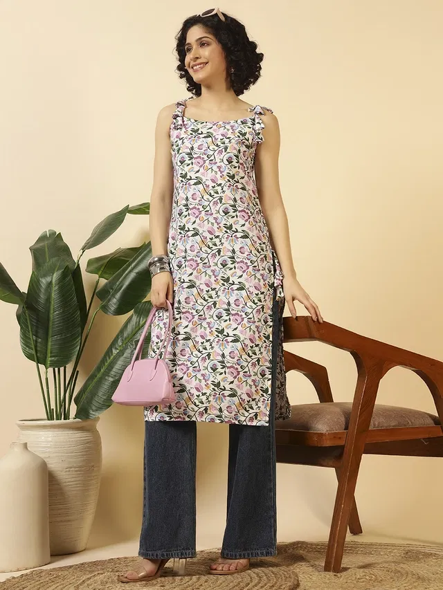 Sleeveless Kurti for Women (White, M)