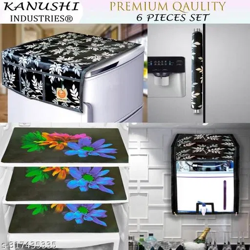KANUSHI Industries® PVC Fridge Mats Set Of 3 / Refrigerator Mats+1 Pc Fridge cover/Refrigerator cover+1 pc handle cover+1 water purifier cover(FRI+RO+1-HANDLE-BLACK-SMALL-LEVS+M-24)