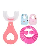 U Shaped Brush with Aprons & Bath Cap for Kids (Multicolor, Pack of 4)