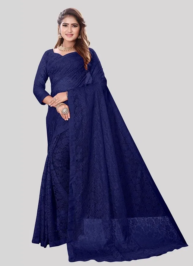Net Floral Saree for Women (Navy Blue, 6.3 m)