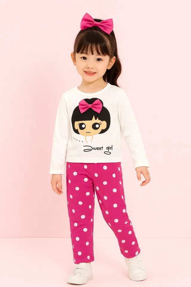 Hoisery Printed Clothing Set for Girls (White, 0-6 Months)