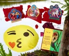 Synthetic 3 Pcs Rakhi with Smiley Pillow & Roli Greeting card 