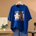 Cotton Blend Printed T-shirt for Women, Blue 