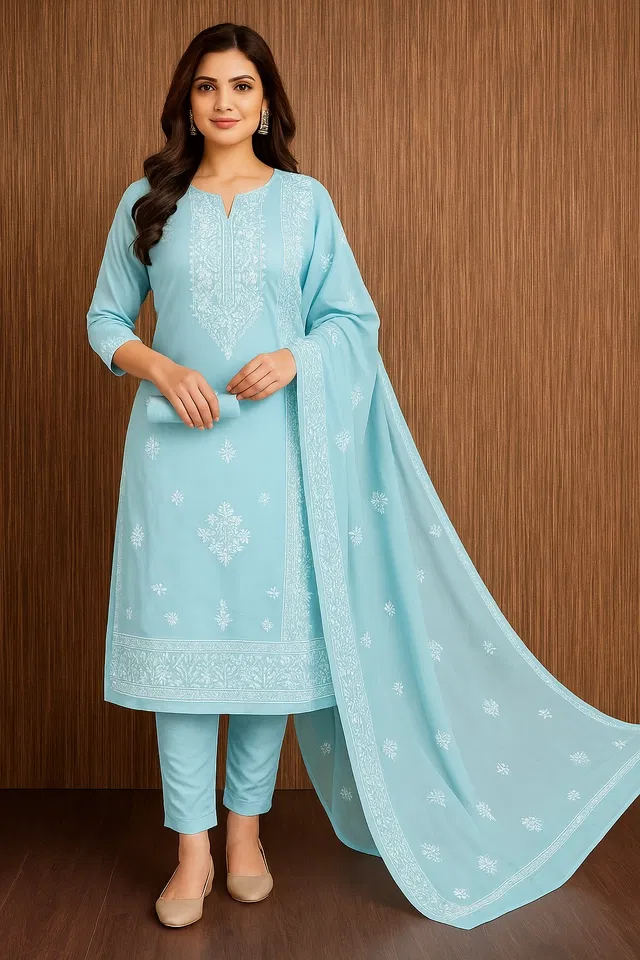 Organza Embroidered Unstitched Suits Fabric for Women (Sky Blue)