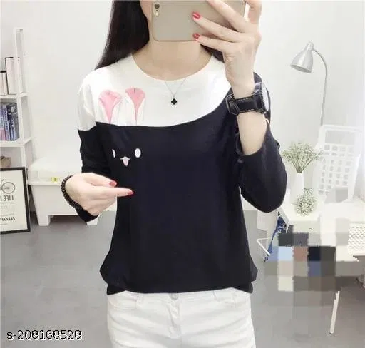 Cotton Blend Printed T-Shirt for Women, Black (S)