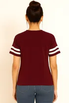 Women's Casual Wear Striped sleeves Regular Fit T-shirt Wine Style-4 