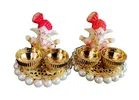 Metal Decorative Ganpati Haldi Kumkum Stand with 2 Roli Chawal Holder, Multicolor