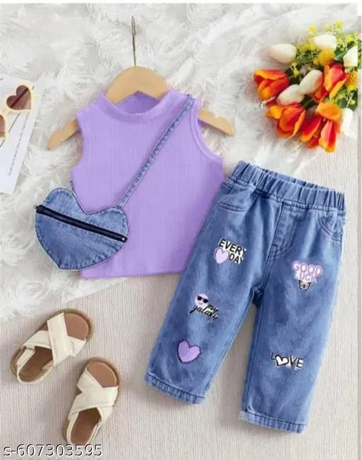 Hosiery Cotton & Denim Printed Clothing Set for Kids, Lavender & Blue (18-24 Months)
