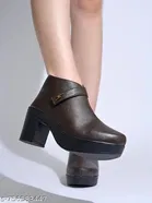 Shoetopia Synthetic Block Heeled Boots Brown IND-6