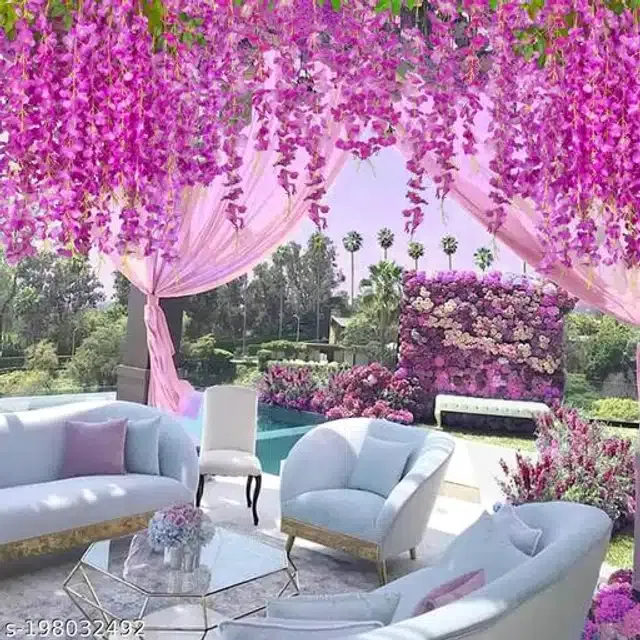 Polyester Artificial Hanging Flower Garlands (Purple & Green, Pack of 12)