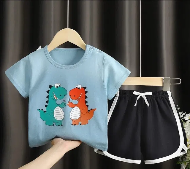 Hosiery Printed Clothing Set for Kids (Sky Blue & Black, 18-24 Months)