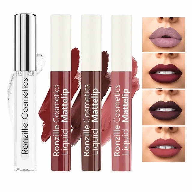 Ronzille Matte Liquid Lipstick with Lip Gloss, Nude Edition [Pack of 4]