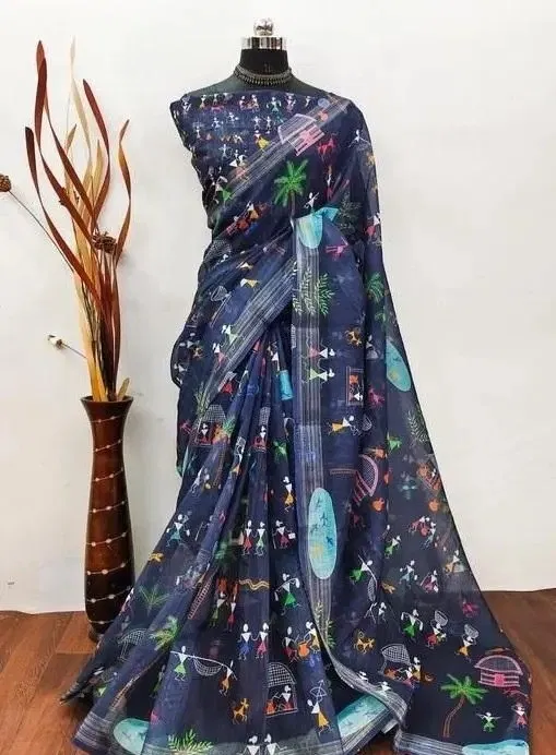 Cotton Linen Printed Saree for Women (Dark Grey, 6.3 m)