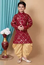 Dupion Silk Embellished Kurta with Dhoti for Boys, Maroon & Golden 