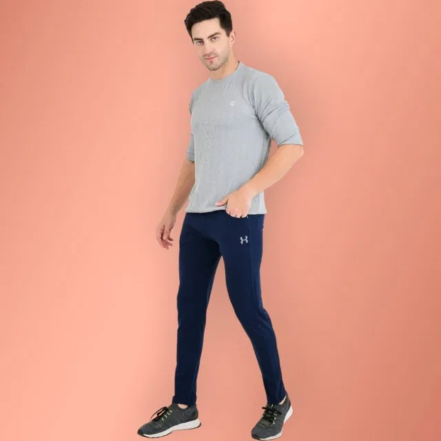 Lycra Nylon Logo Printed Track Pant for Men (Navy Blue, M)
