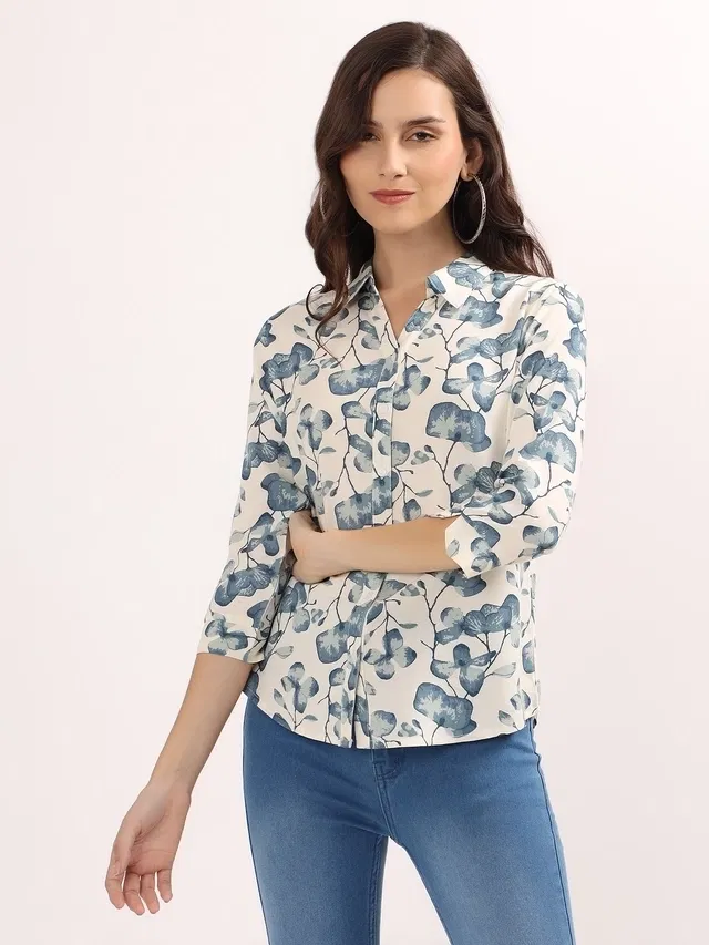 Rayon Printed Shirt for Women (White. M)