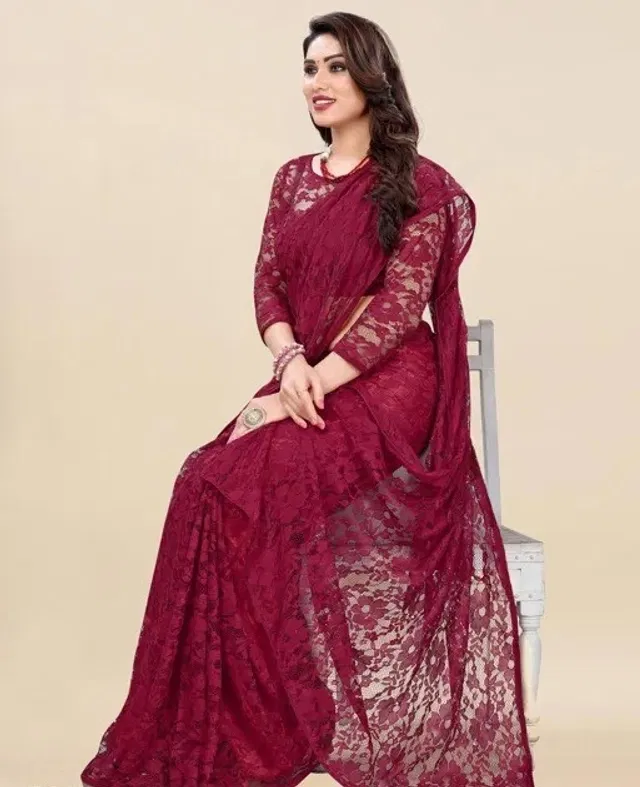Net Floral Saree for Women (Maroon, 6.3 m)