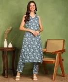 Rayon Printed Kurti with Pant for Women (Teal, S)
