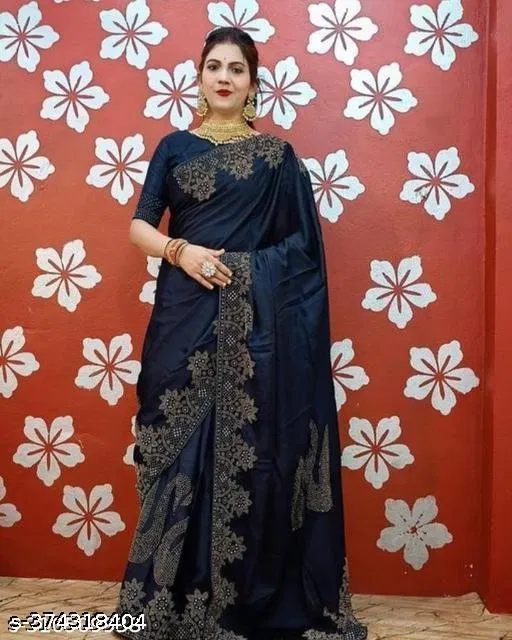 Vichitra Silk Printed Saree For Women, Navy Blue