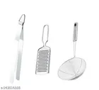 Stainless Steel Cheese Grater with Cooking Tong & Deep Frying Strainer (Silver, Set of 3)