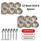 Stainless Steel 12 Pcs Bowls with 6 Pcs Spoon (Silver, Set of 2)