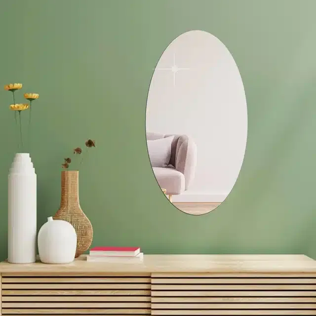 Acrylic Oval Shaped Wall Mirror Stickers (Silver, 20x30 cm)