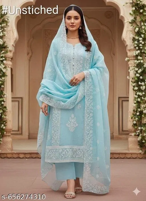 Chanderi Cotton Punjabi/All Over Suits for Women (Blue, 6.25 meter (L)