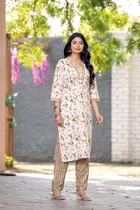 Cotton Blend Floral Print Kurta with Pant for Women 