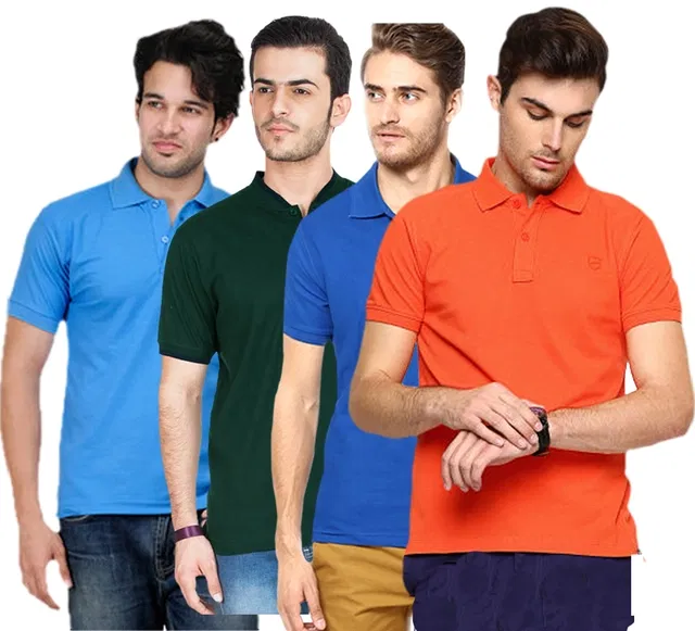 Polo Solid Cotton Blend T-shirts Pack of 4 for Men (Multicolor, M)
