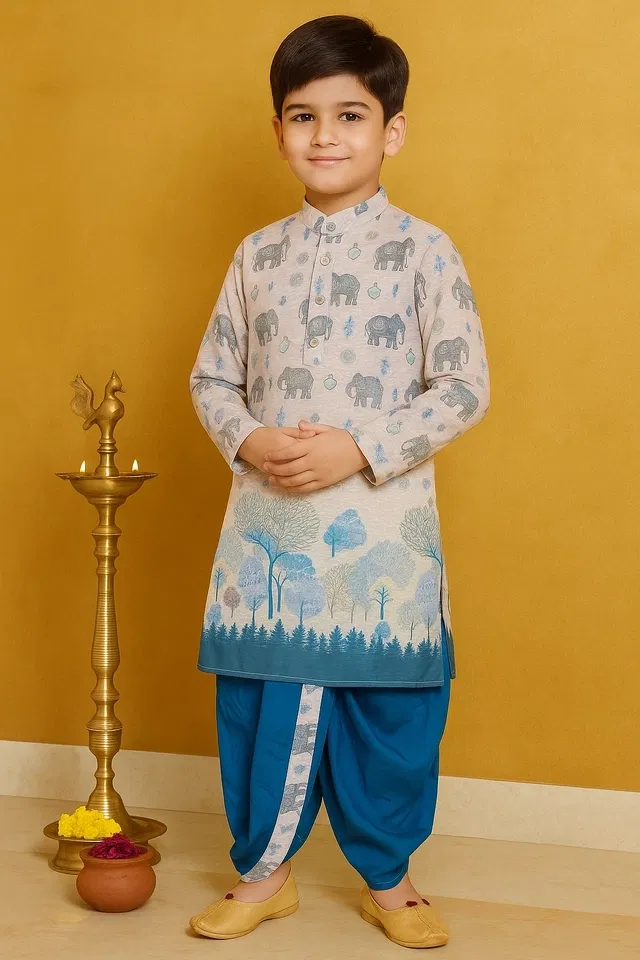 Cotton Blend Printed Kurta with Dhoti for Boys, White & Blue (1-2 Years)