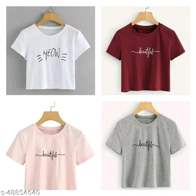 Round Neck Printed Crop T-Shirt for Women (Multicolor, XL) (Pack of 4)