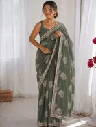 Bollywood Organza Satin Embroidered Saree for Women 