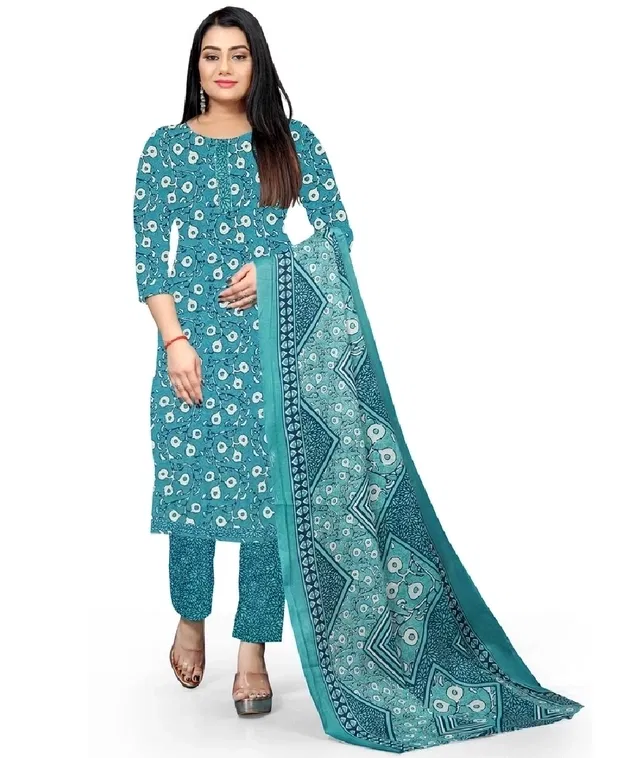 Cotton Floral Print Unstitched Suits Fabric for Women (Sky Blue)