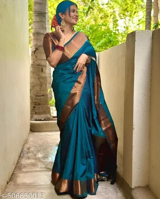 Cotton Silk Printed Saree for Women, Teal (6.3 m)
