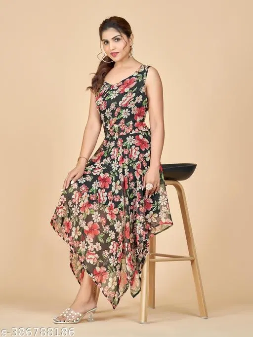 Floral Print Sleeveless Maxi Gown for Women (Black, L)