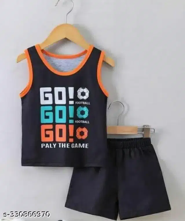 Hosiery Cotton Sleeveless T-Shirt with Pant Clothing Set for Kids (Navy Blue, 12-18 Months)