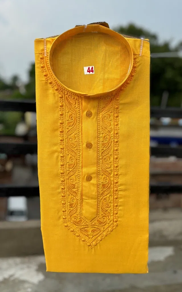 Cotton Embroidered Kurta for Men (Yellow, M)