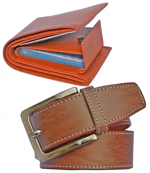 Synthetic Wallet with Formal Belt for Men (Brown, Pack of 2)