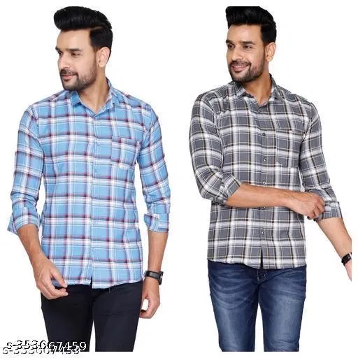Cotton Blend Checkred Shirt for Men, Multicolor, Pack of 2 (L)